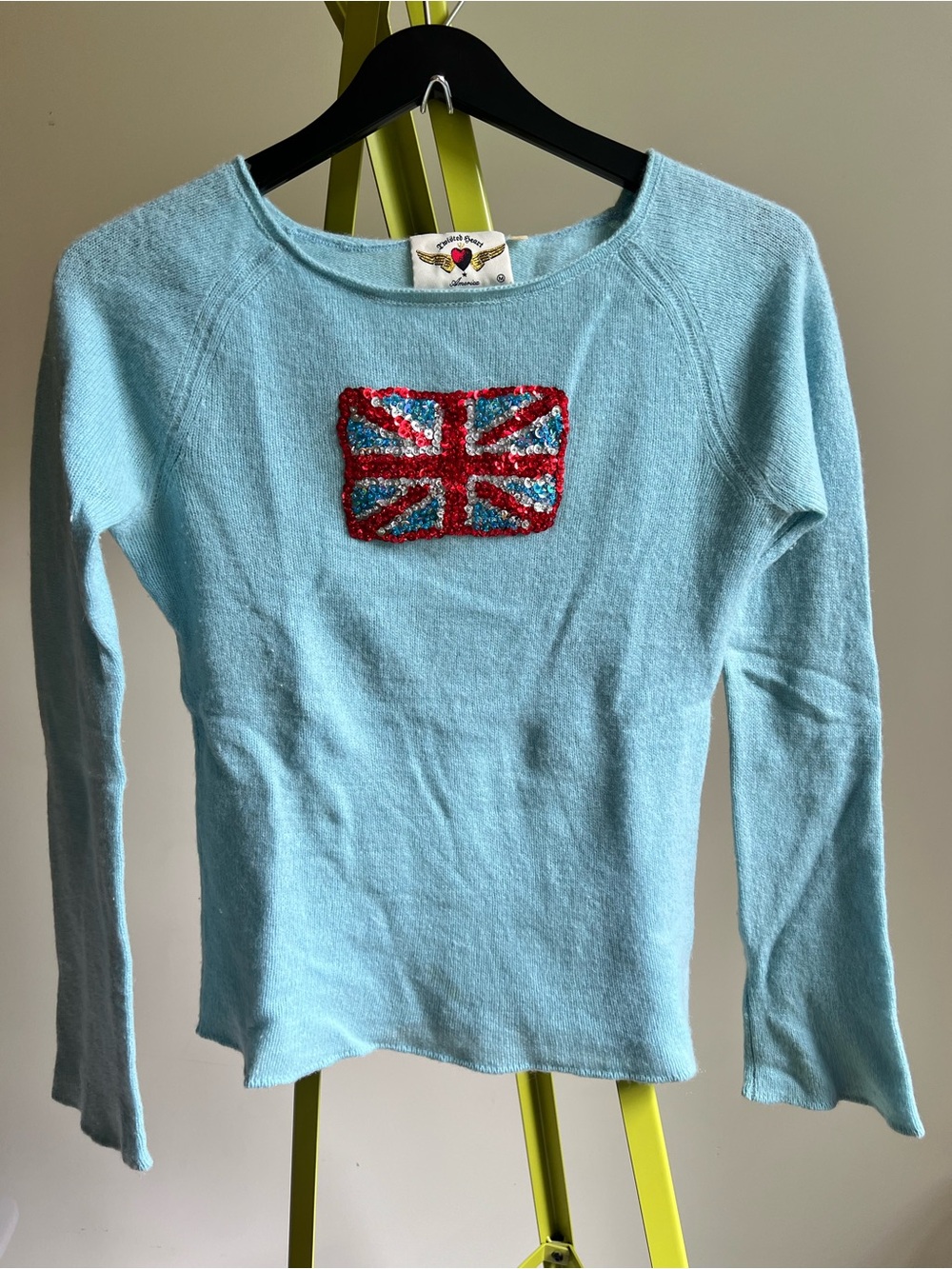 Light Blue Twisted Heart Cashmere Sweater with Sequin Union Jack Flag